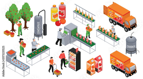 Foto Apple Juice Production Isometric Illustration With Workers And Machinery