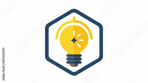 Bright light bulb idea icon in hexagon frame.