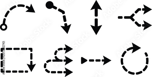 Dashed Direction Arrow Icons Set with Navigation Flow and Route Path Symbols