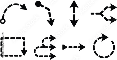 Dashed Navigation Arrow Icons Set with Direction Route Flow and Path Symbols