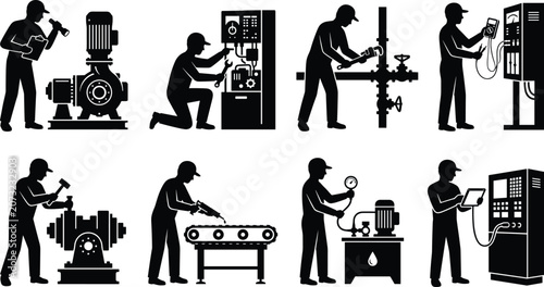 Industrial Maintenance Technician Icons Set with Equipment Inspection Repair and Machine Service Symbols