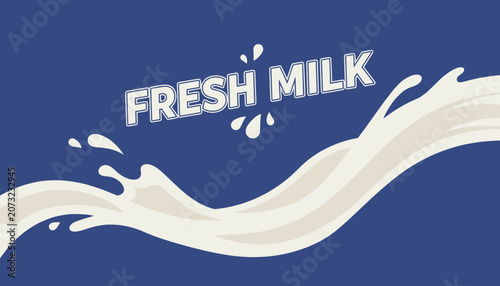 Fresh milk advertisement poster featuring a large white milk splash wave against a dark blue background with clean text.