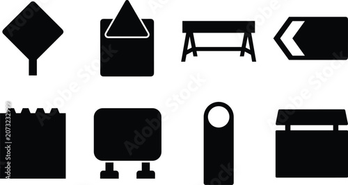 Road Barrier and Traffic Sign Icons Set with Construction Safety and Direction Symbols