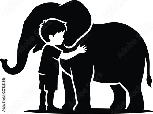 Child Hugging Baby Elephant Black Silhouette Vector Illustration