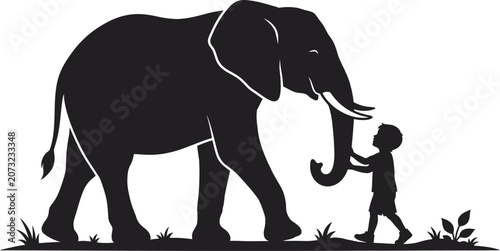 Little boy touching elephant trunk in nature side view silhouette vector