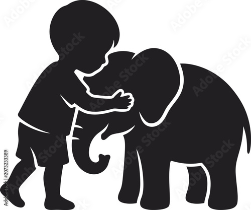 Child Hugging Baby Elephant Black Silhouette Vector Illustration