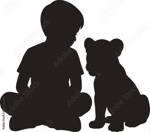 Little boy sitting cross legged looking at cute puppy silhouette vector