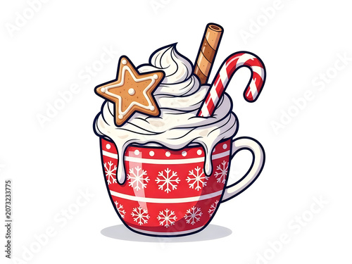 Red christmas mug with hot chocolate whipped cream candy cane and gingerbread cookie
