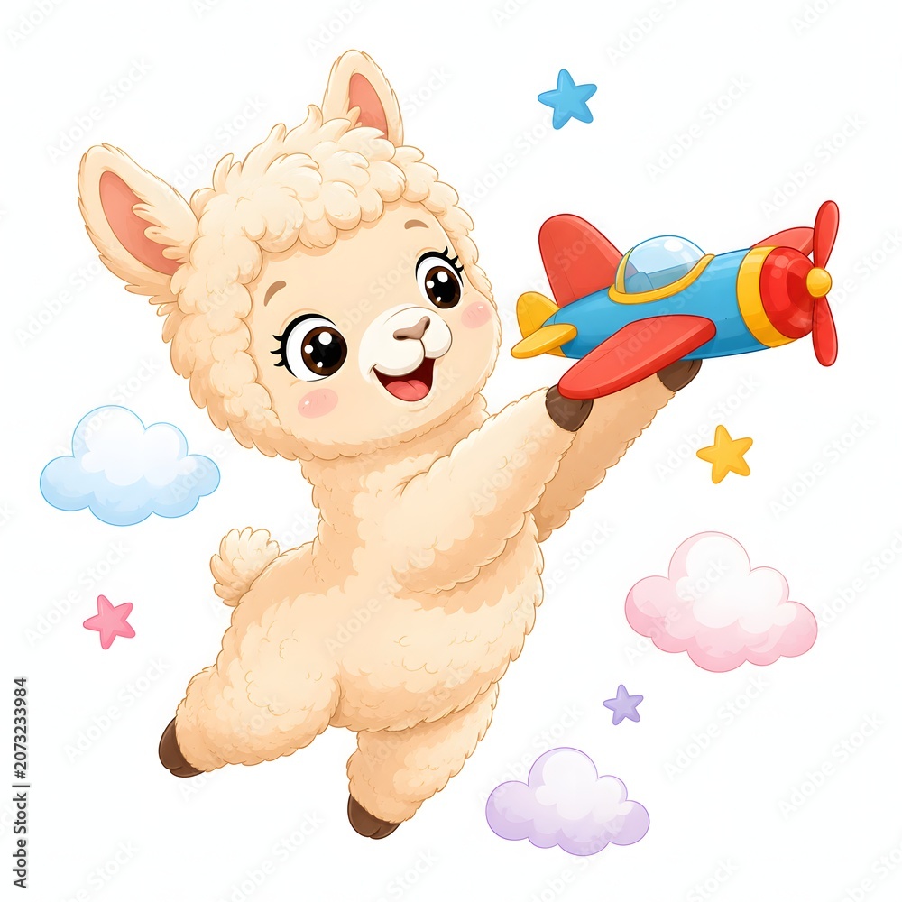 Fototapeta premium Cute cartoon alpaca character flying a small red toy airplane through soft clouds. This dream illustration is suitable for children toys, nursery decor, and baby shower cards.