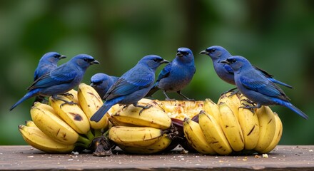 Blue birds eating bananas fruit.