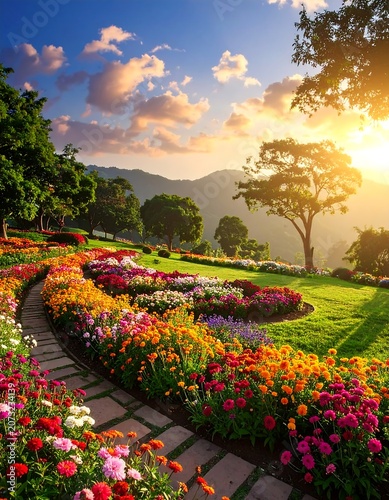 Vibrant flower garden at sunset landscape.