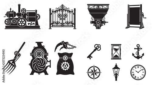 Quadro su tela Collection of vintage mechanical and industrial featuring a steam engine, ornate