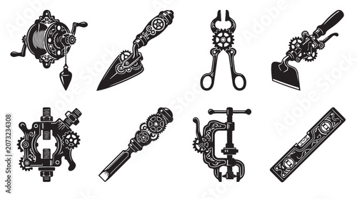 Photos Set of eight black and white steampunk style hand tools, including a plumb bob,
