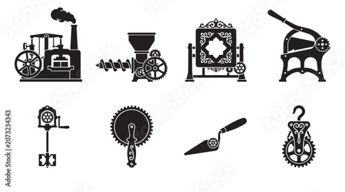 Canvastavla Set of eight black silhouette featuring industrial machinery, vintage tools, and