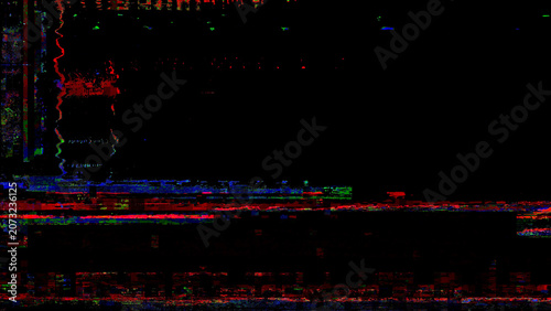 RGB glitch overlay with distorted screen signal, digital interference and noisy scan line texture on black background for cyber design, video editing, futuristic posters or tech compositions.