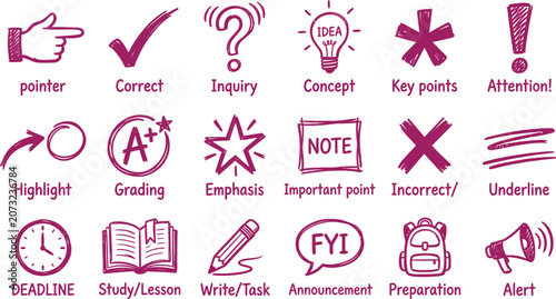 Collection of colorful flat icons representing concepts like correction inquiry and important notes