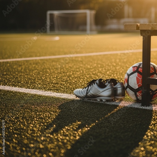 Professional Soccer Cleats and Ball on Turf Field at Golden Hour with Copy Space - Created with Generative AI