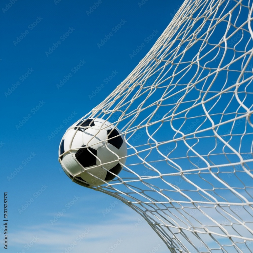 Naklejka premium Soccer Ball Striking the Net of a Goal Post Against a Clear Blue Sky Background - Created with Generative AI