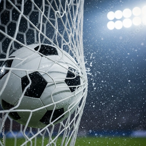 Soccer Ball Hitting the Back of the Net After Scoring a Goal with Crisp Detail - Created with Generative AI