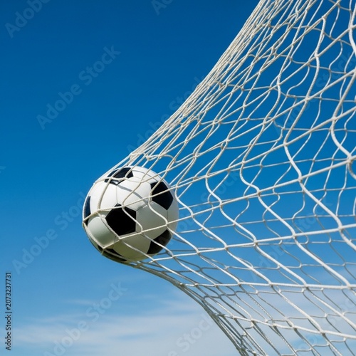 Soccer Ball Striking the Net of a Goal Post Against a Clear Blue Sky Background - Created with Generative AI