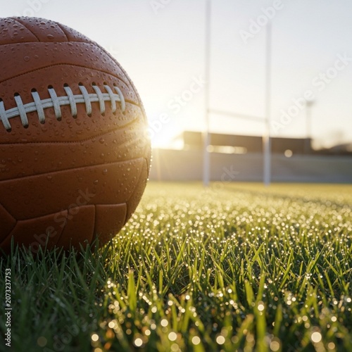 Close-up of Premium Soccer Ball on Dewy Grass at Golden Hour with Blurred Goalposts and Copy Space - Created with Generative AI