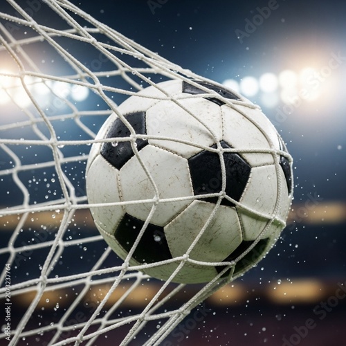 Professional Soccer Ball Hitting Goal Net with Stadium Lights Bokeh - Created with Generative AI