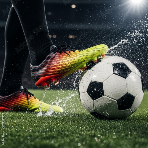 Macro Shot of Soccer Player Kicking Ball with Colorful High-Tech Cleat and Water Spray - Created with Generative AI
