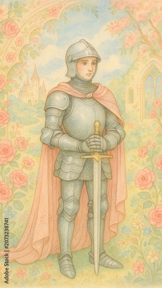 Naklejka premium Medieval knight amidst floral mobile wallpaper