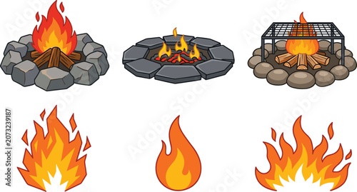 Set of campfire and fire flame illustrations featuring stone fire pits outdoor cooking grill bonfire and burning fire icons isolated on white background