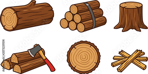 Set of wooden logs firewood and tree stump illustrations featuring timber bundles chopped wood and forestry elements isolated on white background