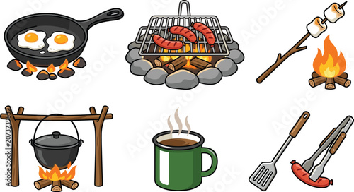 Set of camping cooking equipment illustrations featuring campfire grill frying pan coffee mug marshmallow skewers and outdoor kitchen tools