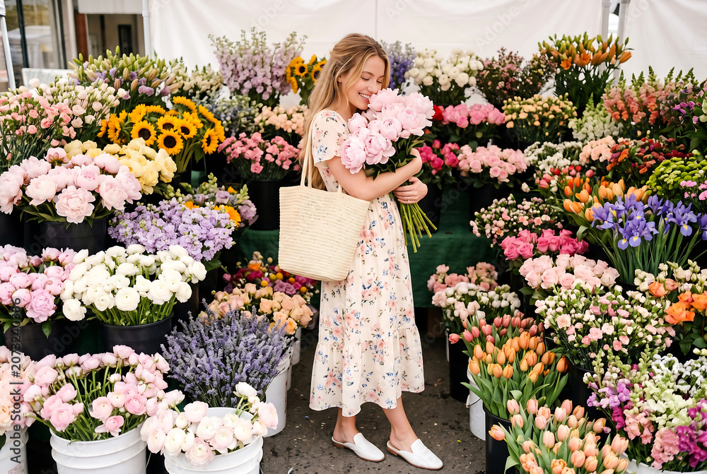 Fototapeta premium Woman holding basket walking through vibrant flower garden in soft sunlight