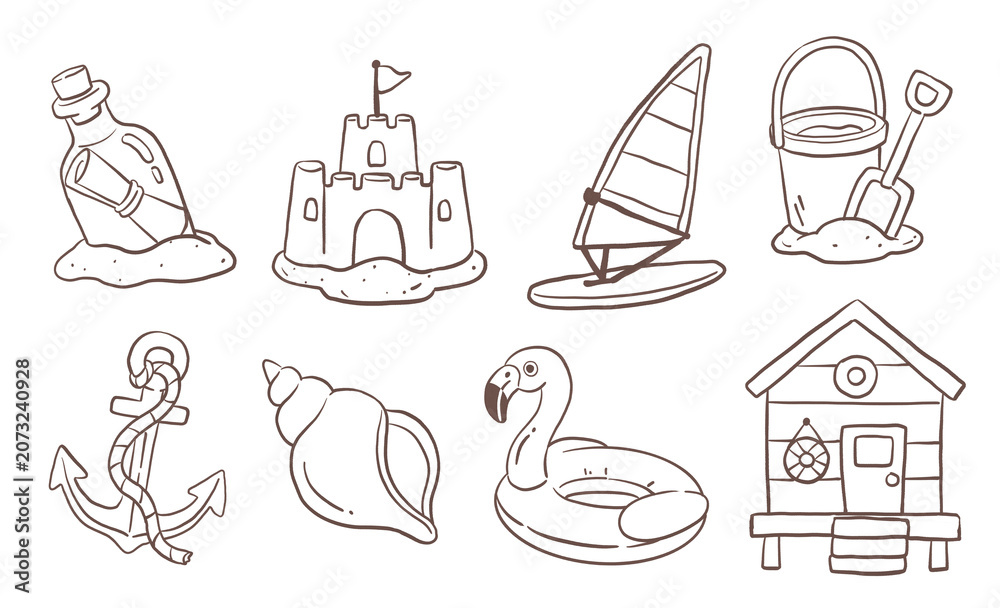 Fototapeta premium Summer Beach Elements Clipart Line Art Illustration PNG set - Bucket and Shovel, Anchor, Shell, Flamingo Float, Beach Hut and Windsurf 