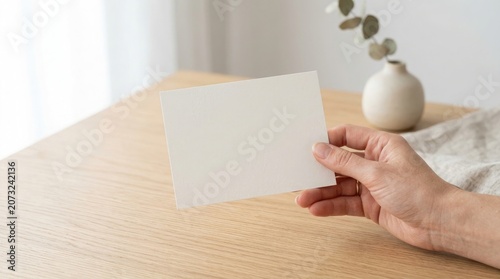 Hand holding a blank white card on a wooden table with vase