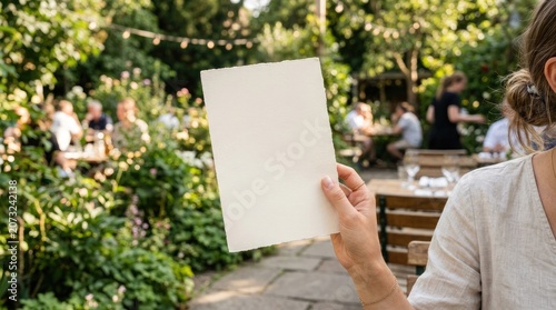 Woman holding blank white paper in outdoor garden setting with people