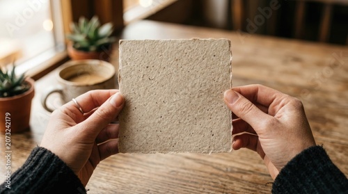Hands holding a piece of textured paper or cardboard sample