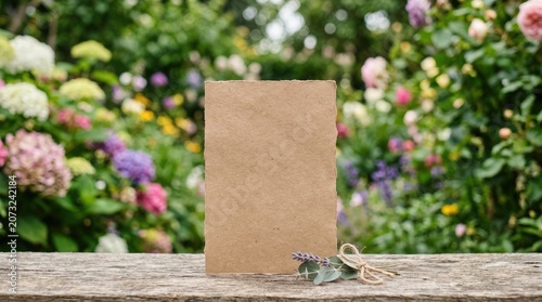 Brown cardboard mockup on a wooden table with flowers in the background