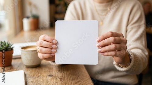 Woman holding a blank white card in a cozy cafe setting with coffee