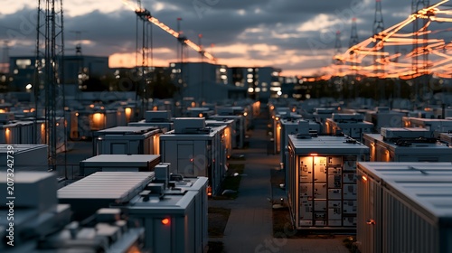 Innovative modular energy infrastructure with glowing data streams and storage units under a twilight sky, symbolizing advanced smart grid technology and future power solutions