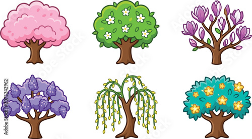 Set of colorful seasonal flowering and ornamental tree illustrations featuring cherry blossom magnolia willow jacaranda and blooming garden trees
