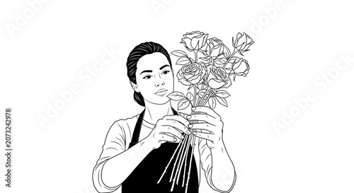 Young Florist Arranging Beautiful Rose Bouquet