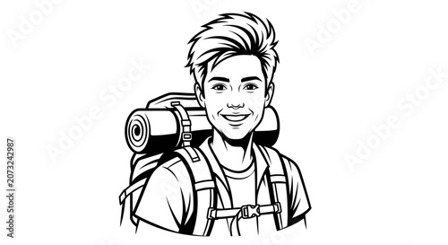Young Hiker with Backpack Line Art