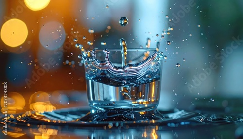 Liquid splashing out of a glass with warm bokeh.