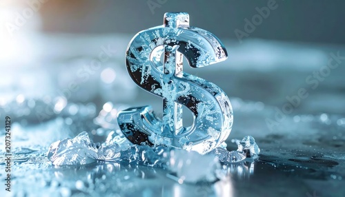 Ice dollar sign sitting on crushed ice surface.