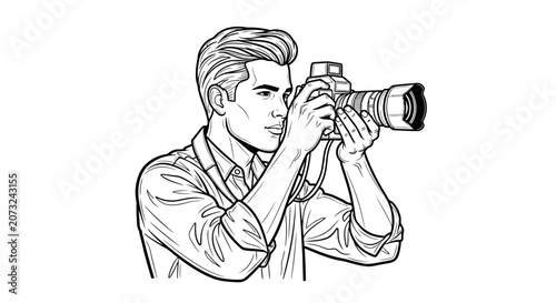 Young Man Taking Photos with Professional Camera Line Art