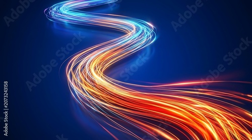 Abstract digital light trails representing high speed data transfer and technological connectivity on a dark blue background