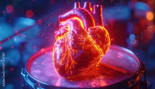 Luminous human heart organ glowing on a drumhead.