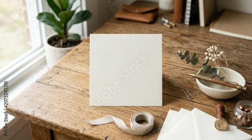 A blank white card on a wooden desk with stationery and plants