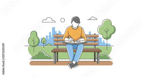 Young Student Studying and Writing in a Notebook on a Park Bench