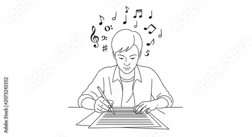 Young Musician Writing Musical Notes on Sheet Music